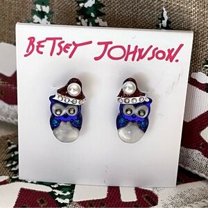 Betsey Johnson Santa Owls Rhinestone Accents Blue & White Stud Pierced Earrings